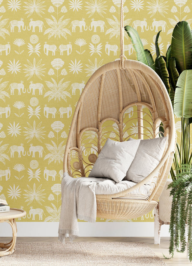 Bazaar Yellow Elephant Oasis Wallpaper with White Tropical Elephant Motif - A-Street Prints 4014-26434