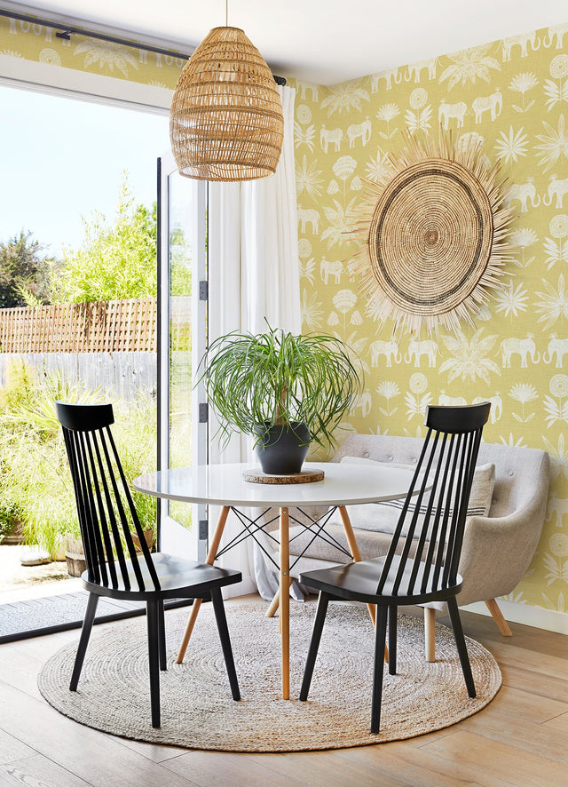 Bazaar Yellow Elephant Oasis Wallpaper with White Tropical Elephant Motif - A-Street Prints 4014-26434