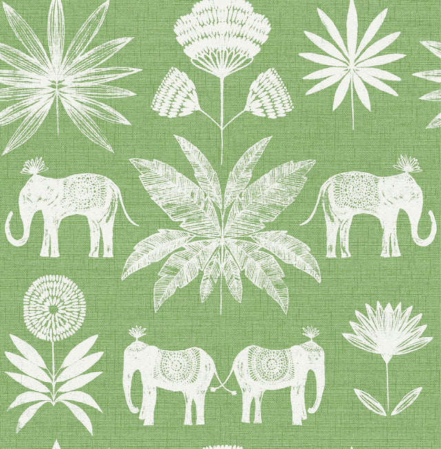 Bazaar Green Elephant Oasis Wallpaper with Bohemian White Elephant and Tropical Motif - A-Street Prints 4014-26435