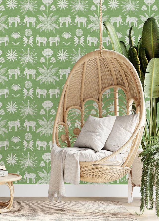 Bazaar Green Elephant Oasis Wallpaper with Bohemian White Elephant and Tropical Motif - A-Street Prints 4014-26435