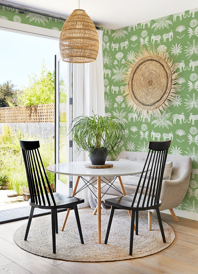 Bazaar Green Elephant Oasis Wallpaper with Bohemian White Elephant and Tropical Motif - A-Street Prints 4014-26435