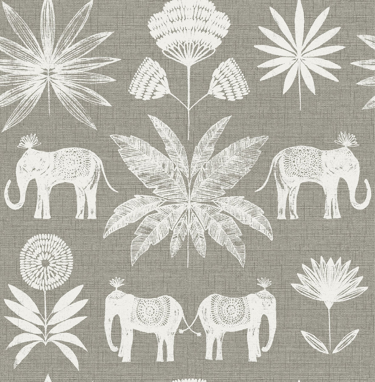 Bazaar Grey Elephant Oasis Wallpaper with Bohemian Elephant and Tropical Motif - A-Street Prints 4014-26437