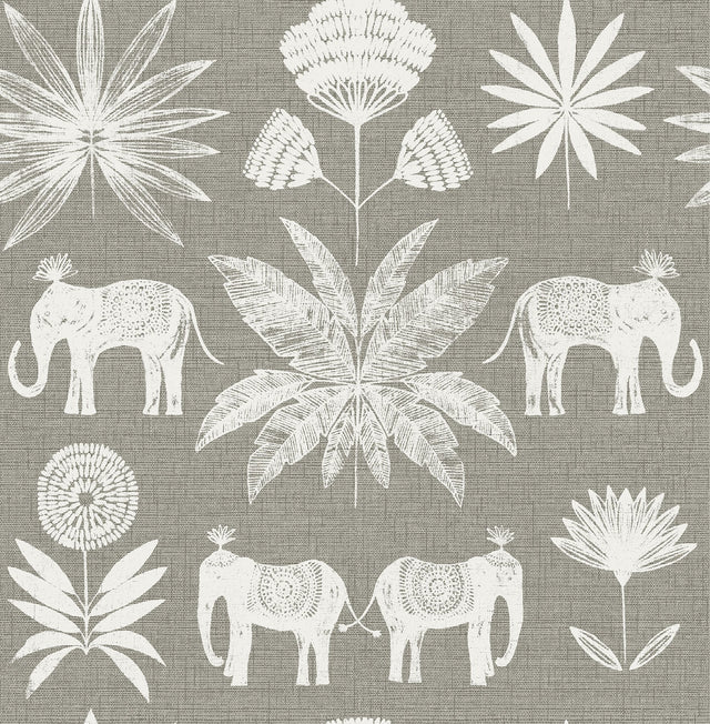 Bazaar Grey Elephant Oasis Wallpaper with Bohemian Elephant and Tropical Motif - A-Street Prints 4014-26437
