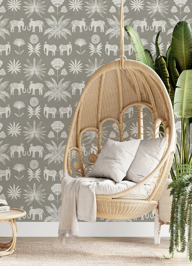 Bazaar Grey Elephant Oasis Wallpaper with Bohemian Elephant and Tropical Motif - A-Street Prints 4014-26437