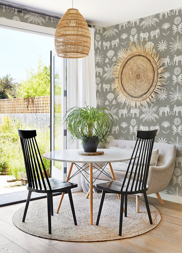 Bazaar Grey Elephant Oasis Wallpaper with Bohemian Elephant and Tropical Motif - A-Street Prints 4014-26437