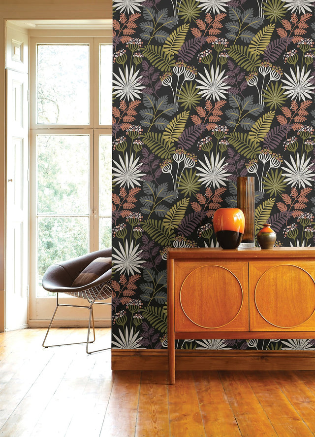 Praslin Black Botanical Wallpaper with Bohemian Tropical Motif - A-Street Prints 4014-26447