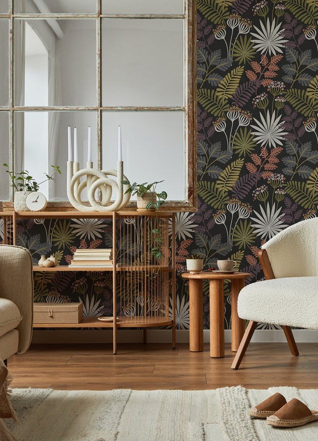 Praslin Black Botanical Wallpaper with Bohemian Tropical Motif - A-Street Prints 4014-26447