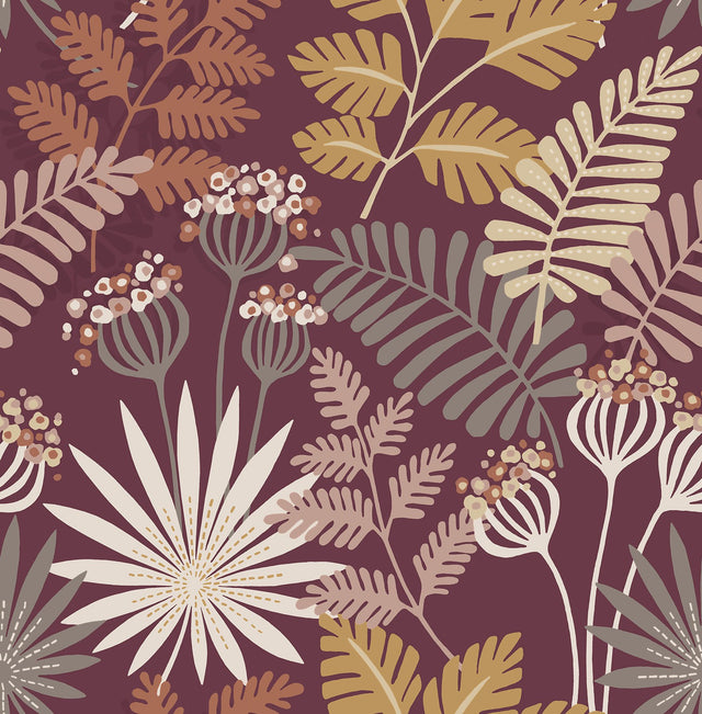 Praslin Merlot Botanical Wallpaper with Bohemian Tropical Motif - A-Street Prints 4014-26449