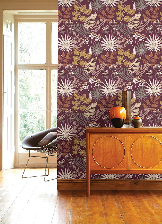 Praslin Merlot Botanical Wallpaper with Bohemian Tropical Motif - A-Street Prints 4014-26449