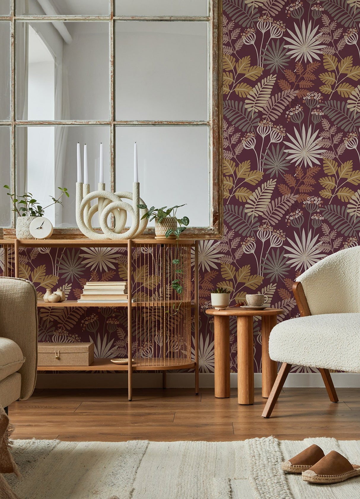 Praslin Merlot Botanical Wallpaper with Bohemian Tropical Motif - A-Street Prints 4014-26449