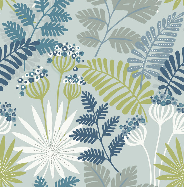 Praslin Sky Blue Botanical Wallpaper with Bohemian Tropical Motif - A-Street Prints 4014-26450