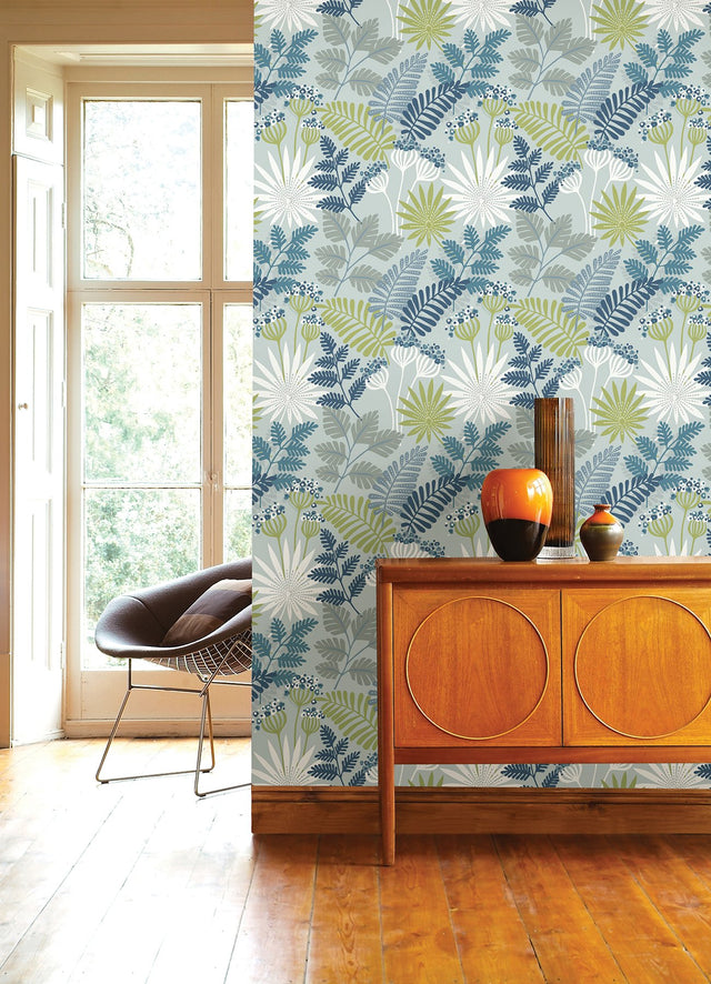 Praslin Sky Blue Botanical Wallpaper with Bohemian Tropical Motif - A-Street Prints 4014-26450