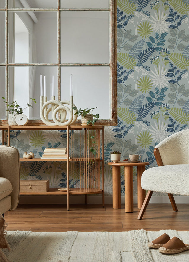 Praslin Sky Blue Botanical Wallpaper with Bohemian Tropical Motif - A-Street Prints 4014-26450