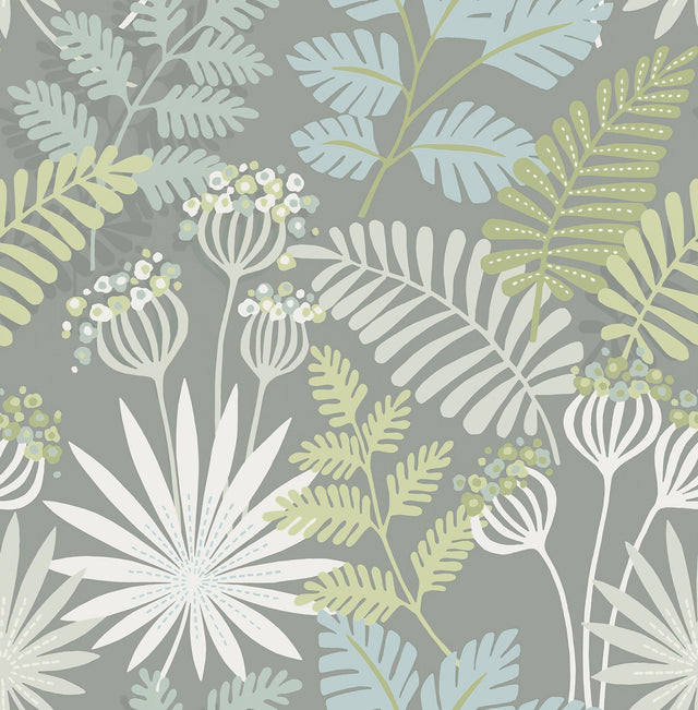 Praslin Grey Botanical Wallpaper with Bohemian Tropical Leaf Motif - A-Street Prints 4014-26451