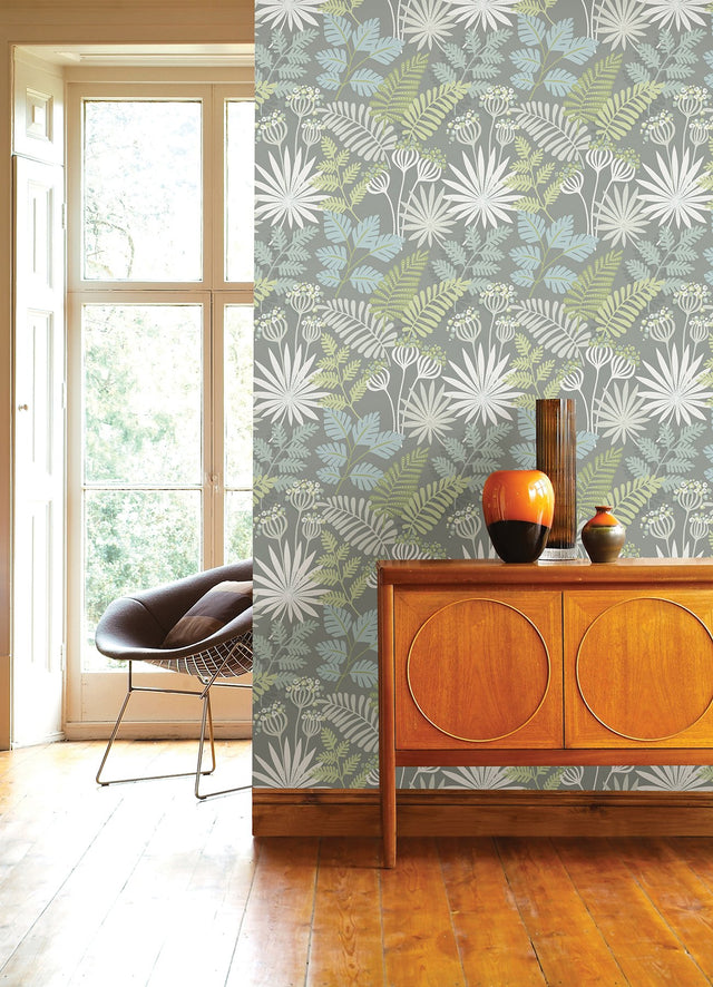 Praslin Grey Botanical Wallpaper with Bohemian Tropical Leaf Motif - A-Street Prints 4014-26451
