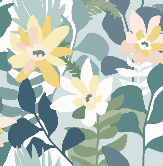 Koko Turquoise Floral Wallpaper with Bohemian Botanical Pattern - A-Street Prints 4014-26456
