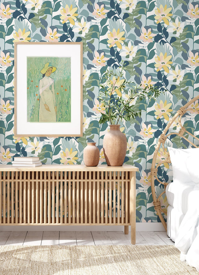 Koko Turquoise Floral Wallpaper with Bohemian Botanical Pattern - A-Street Prints 4014-26456