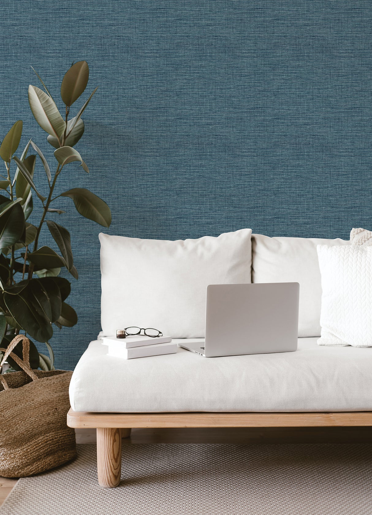 Exhale Denim Blue by A-Street Prints Rich Faux Grasscloth Non Woven Unpasted Textural Wallpaper Roll 20.5-in by 33-ft, Covers 56.4 sq ft - FD26460