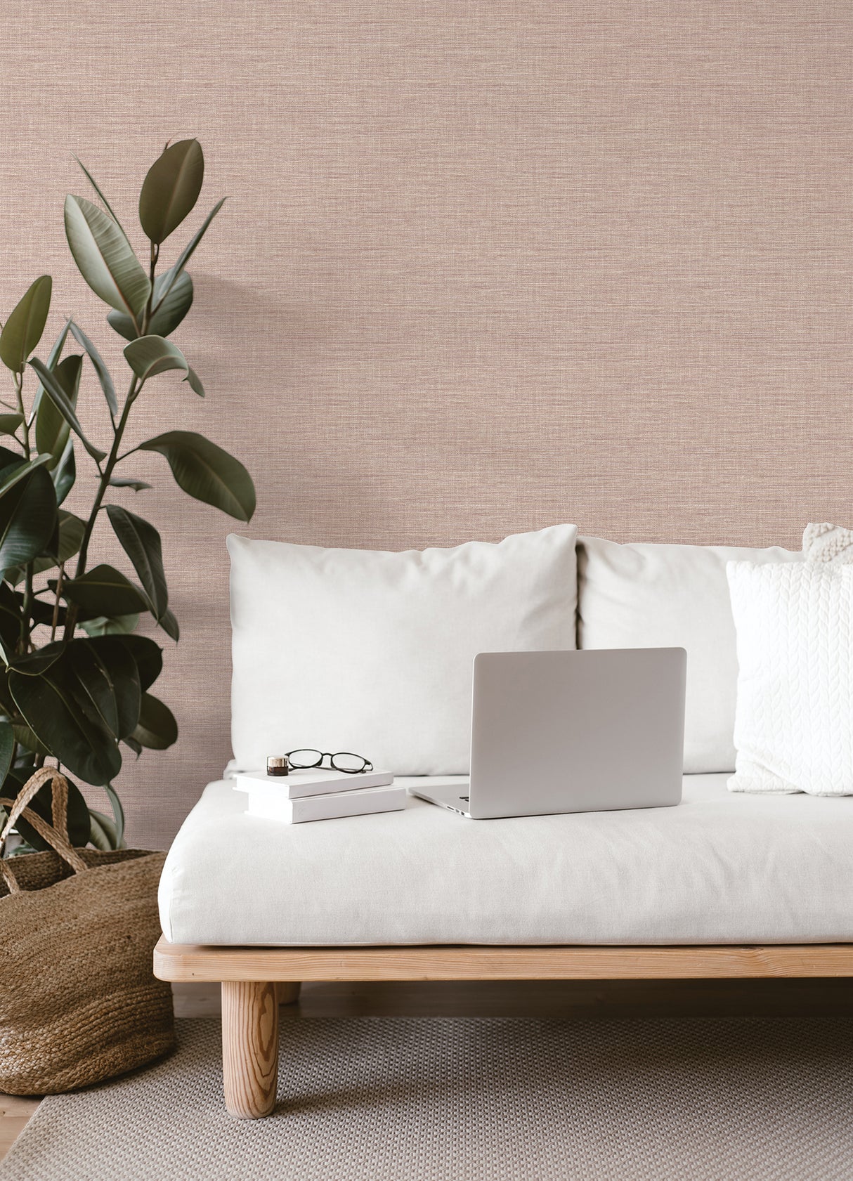 Exhale Blush Pink Texture Faux Grasscloth Wallpaper by A-Street Prints Transitional Non Woven Unpasted Strippable Washable Roll - FD26464