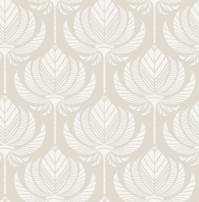 Palmier Light Grey Lotus Fan Wallpaper with Botanical Ogee Motif - Brewster 4014-26465