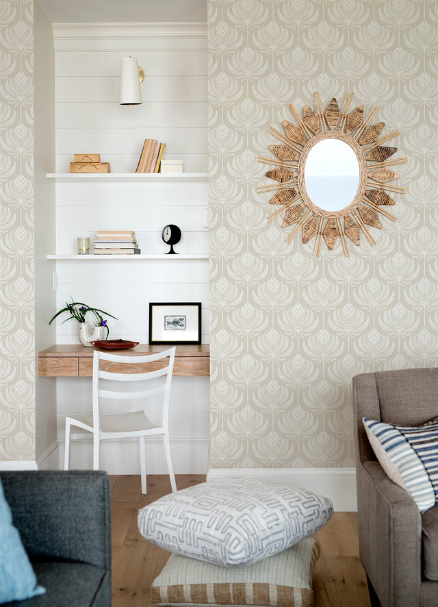 Palmier Light Grey Lotus Fan Wallpaper with Botanical Ogee Motif - Brewster 4014-26465