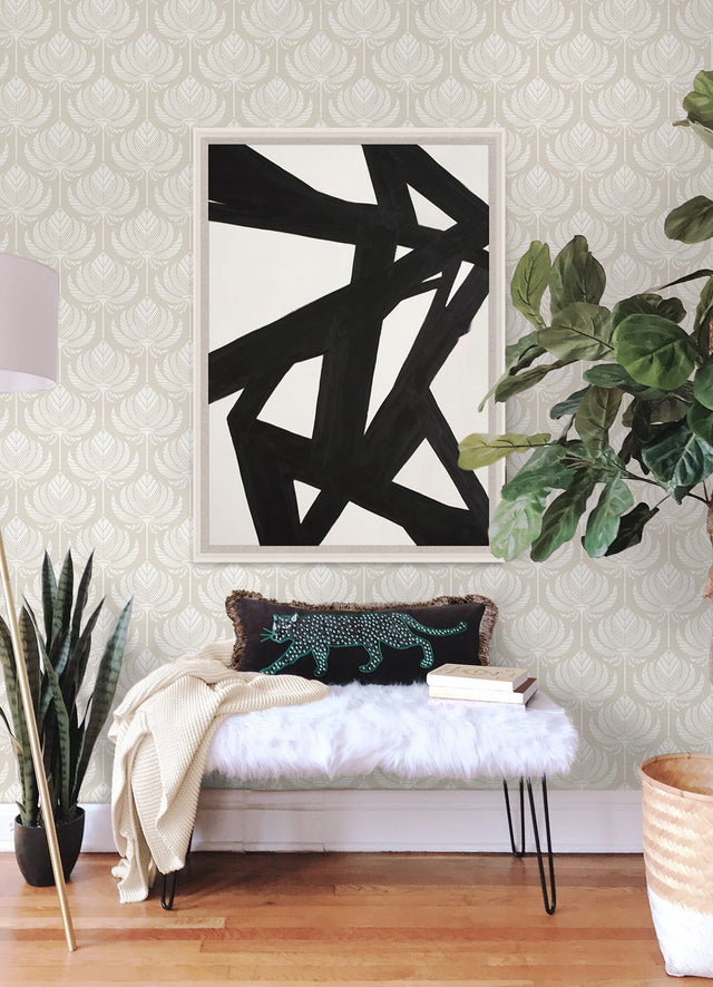 Palmier Light Grey Lotus Fan Wallpaper with Botanical Ogee Motif - Brewster 4014-26465