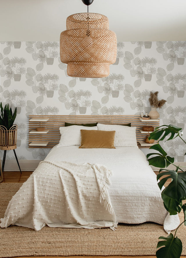 Aida Light Grey Potted Plant Wallpaper with Botanical Bohemian Motif - Brewster 4014-87555
