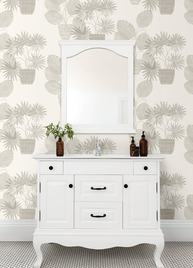 Aida Light Grey Potted Plant Wallpaper with Botanical Bohemian Motif - Brewster 4014-87555