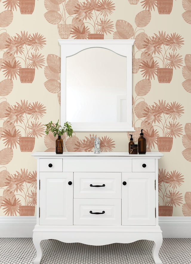 Aida Pink Potted Plant Wallpaper with Botanical Bohemian Motif - 4014-87556