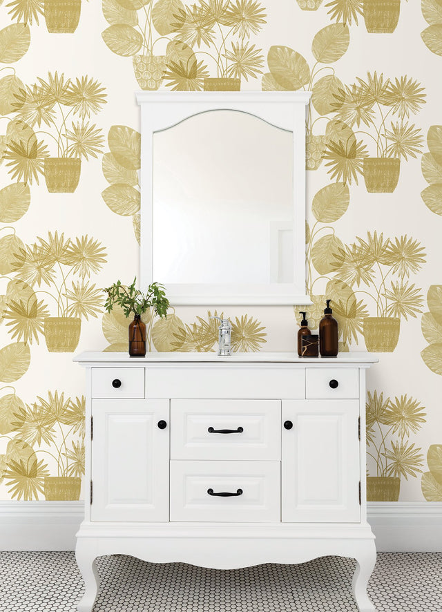 Aida Gold Potted Plant Wallpaper with Botanical Bohemian Pattern - A-Street Prints 4014-87557
