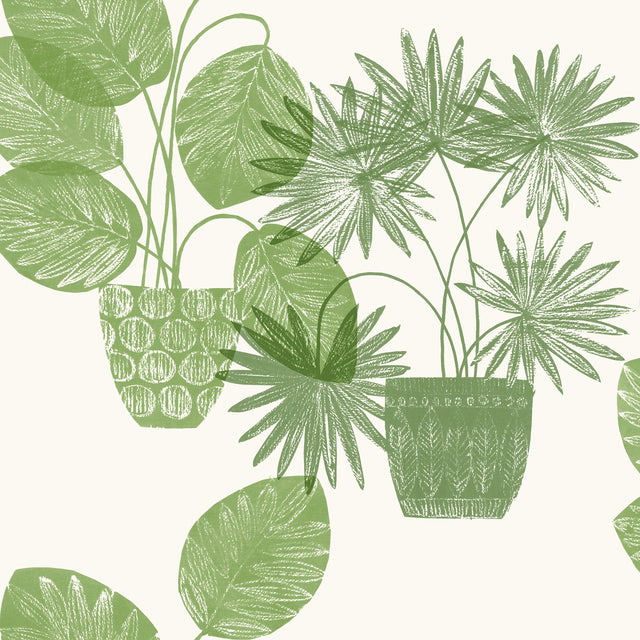 Aida Green Potted Plant Wallpaper with Botanical Bohemian Pattern - Brewster 4014-87558