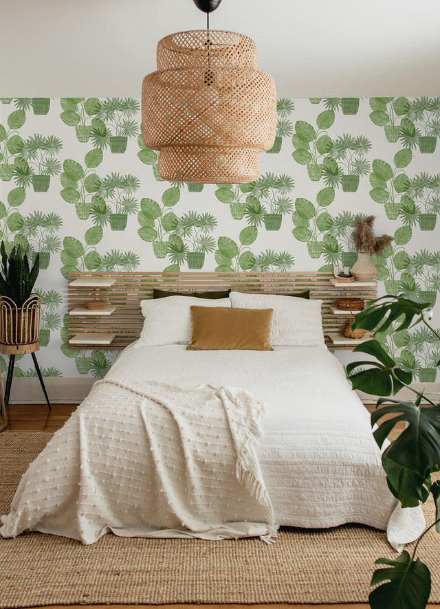 Aida Green Potted Plant Wallpaper with Botanical Bohemian Pattern - Brewster 4014-87558