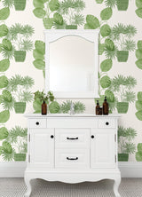 Aida Green Potted Plant Wallpaper with Botanical Bohemian Pattern - Brewster 4014-87558
