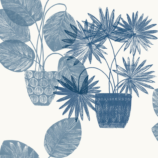 Aida Blue Potted Plant Wallpaper with Botanical Bohemian Pattern - A-Street Prints 4014-87559