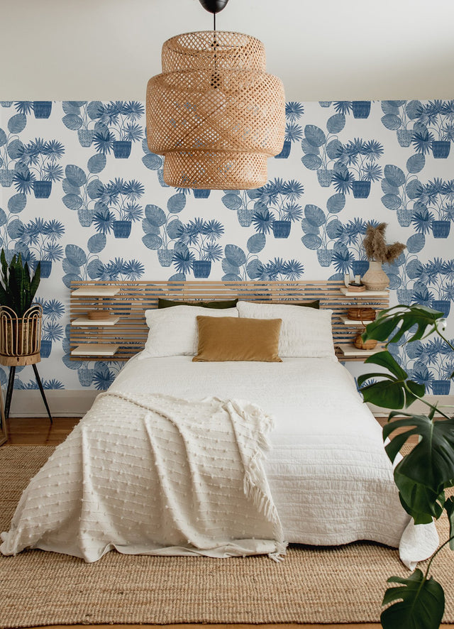 Aida Blue Potted Plant Wallpaper with Botanical Bohemian Pattern - A-Street Prints 4014-87559
