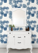 Aida Blue Potted Plant Wallpaper with Botanical Bohemian Pattern - A-Street Prints 4014-87559
