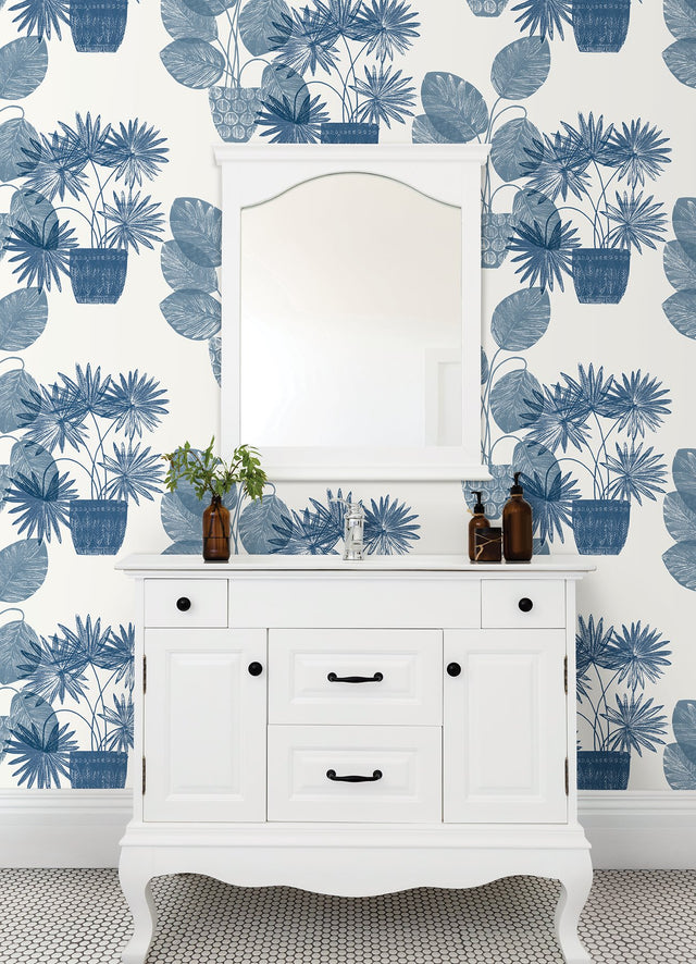 Aida Blue Potted Plant Wallpaper with Botanical Bohemian Pattern - A-Street Prints 4014-87559