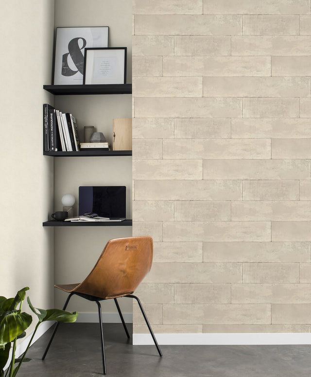 Lanier Neutral Stone Plank Textured Wallpaper with Industrial Graphic Stone Motif - Advantage 4015-426014
