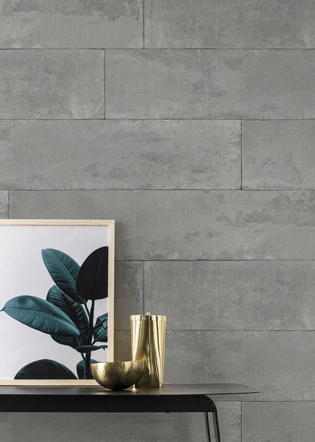 Lanier Grey Stone Plank Textured Wallpaper with Industrial Graphics Motif - Advantage 4015-426021