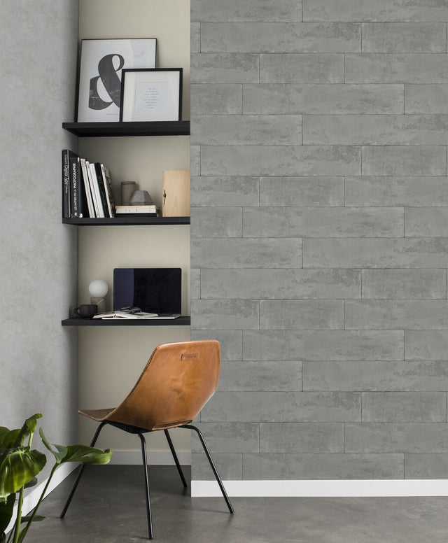 Lanier Grey Stone Plank Textured Wallpaper with Industrial Graphics Motif - Advantage 4015-426021