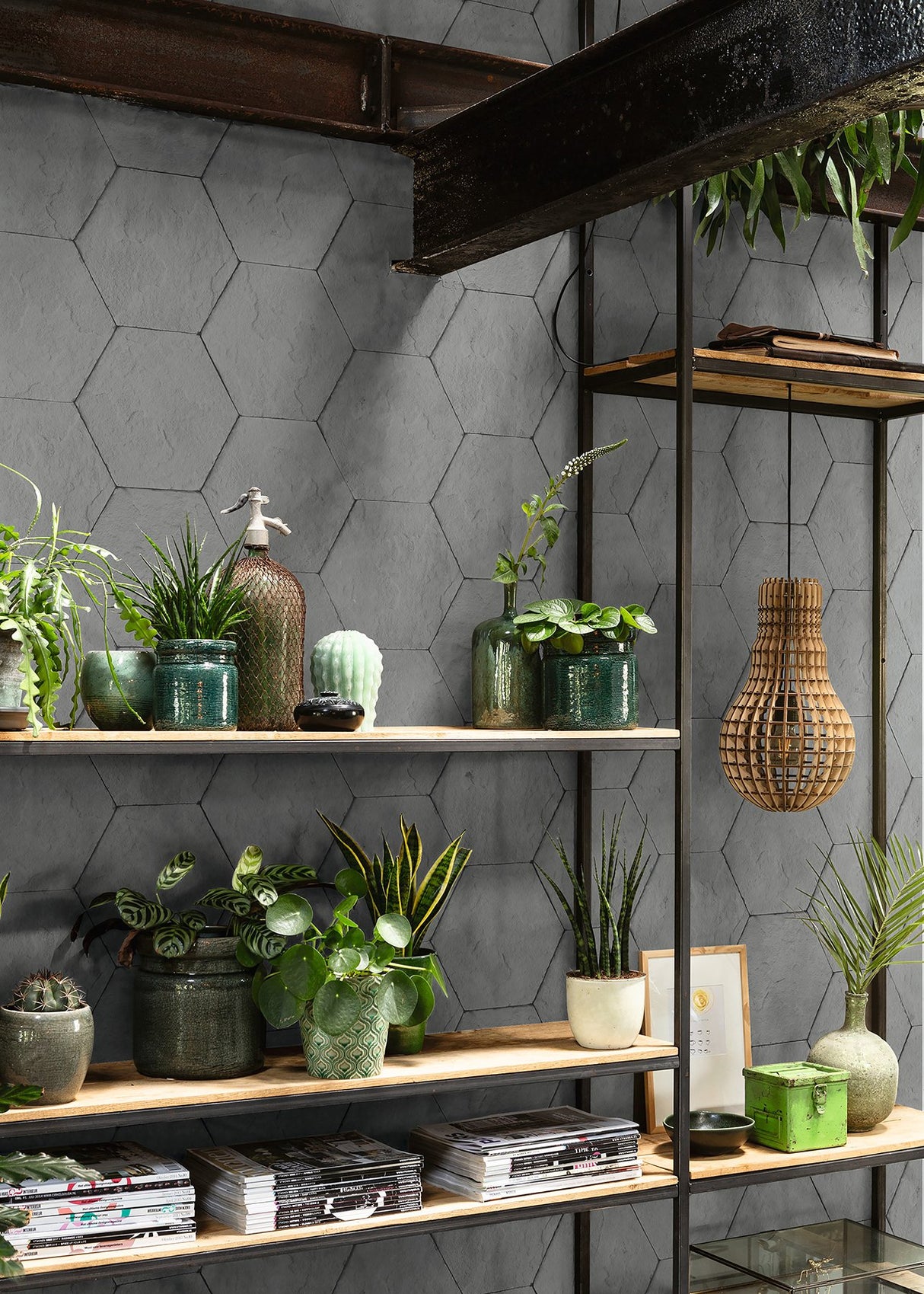 Bascom Dark Grey Stone Hexagon Textured Wallpaper with Modern Graphic Stone Motif - 4015-427127