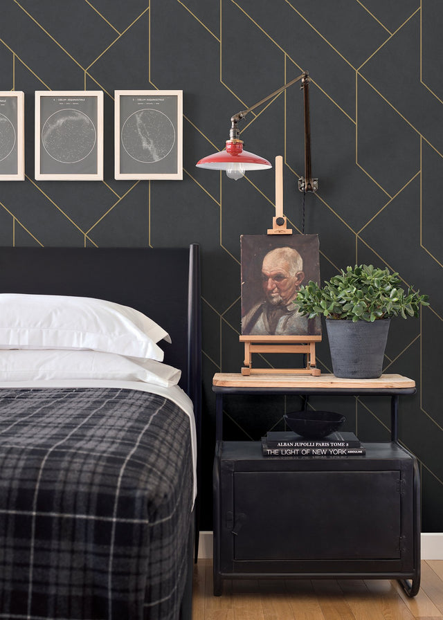 Pollock Black Gilded Geometric Wallpaper with Glittered Gold Linework - Advantage 4015-427431