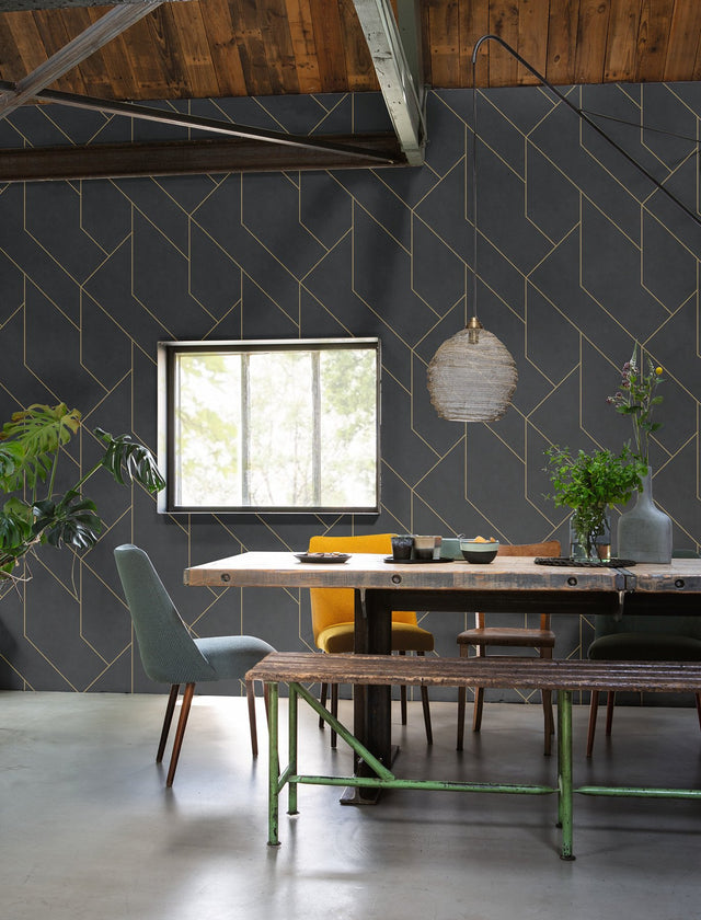 Pollock Black Gilded Geometric Wallpaper with Glittered Gold Linework - Advantage 4015-427431