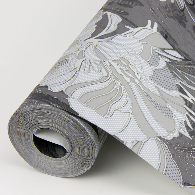 Selene Silver Mucha Floral Wallpaper with Glam Foil on Non Woven Flowers - A-Street Prints 4019-86401