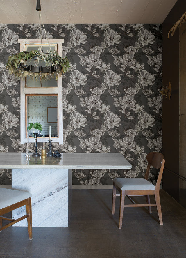 Selene Silver Mucha Floral Wallpaper with Glam Foil on Non Woven Flowers - A-Street Prints 4019-86401