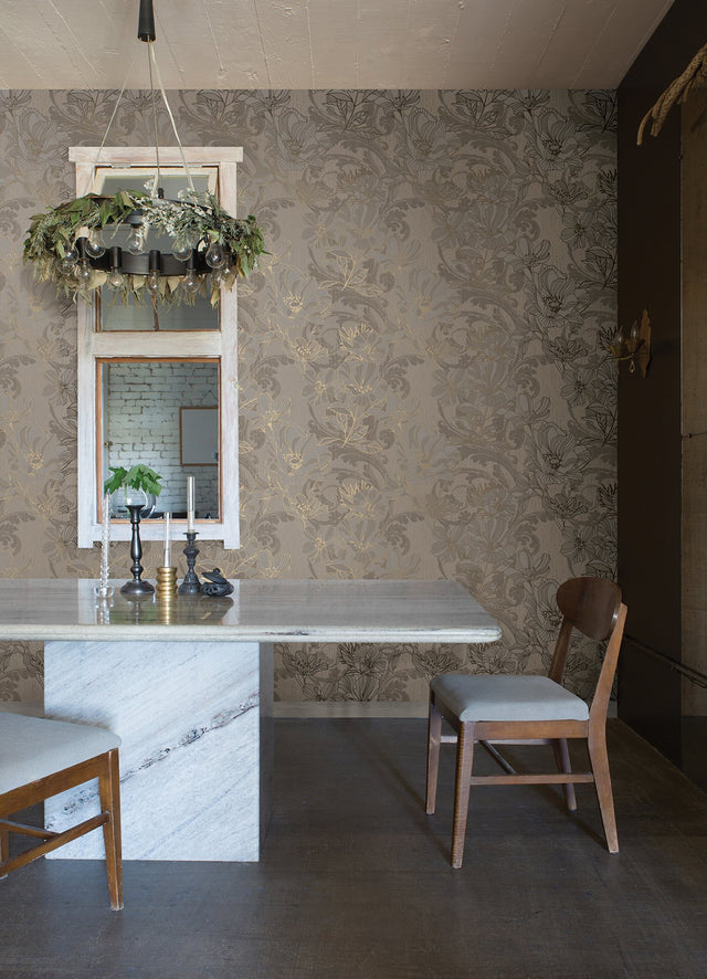 Selene Gold Mucha Floral Wallpaper with Metallic Raised-Ink Botanical Motif - A-Street Prints 4019-86402