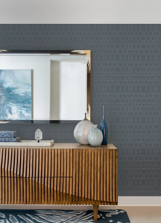 Paititi Denim Diamond Trellis Blue Wallpaper with Metallic Geometric Pattern - Brewster 4019-86404