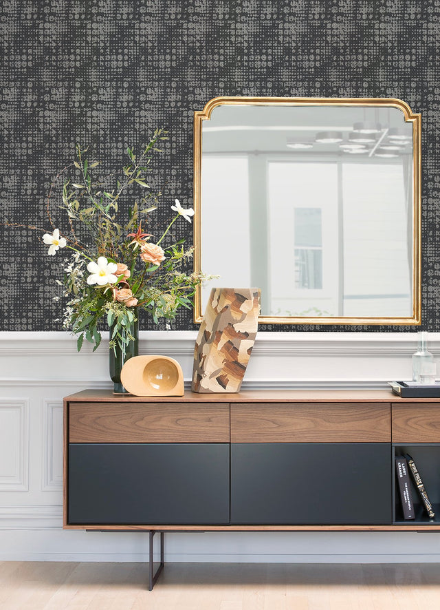Celeste Silver Geometric Wallpaper with Metallic Textured Grid Circles - Brewster 4019-86409
