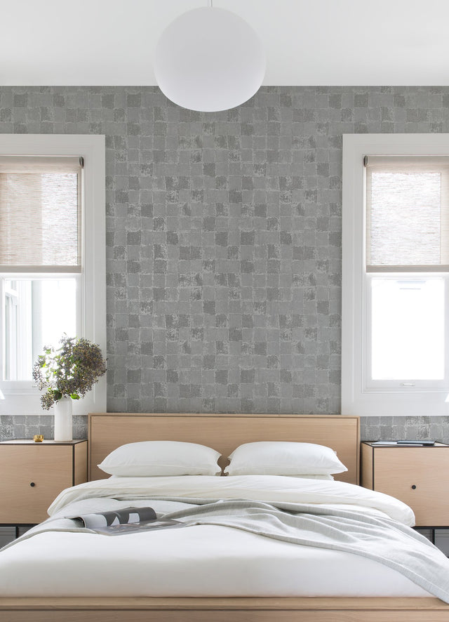 Varak Silver Checkerboard Wallpaper with Metallic Textured Geometric Pattern - A-Street Prints 4019-86421