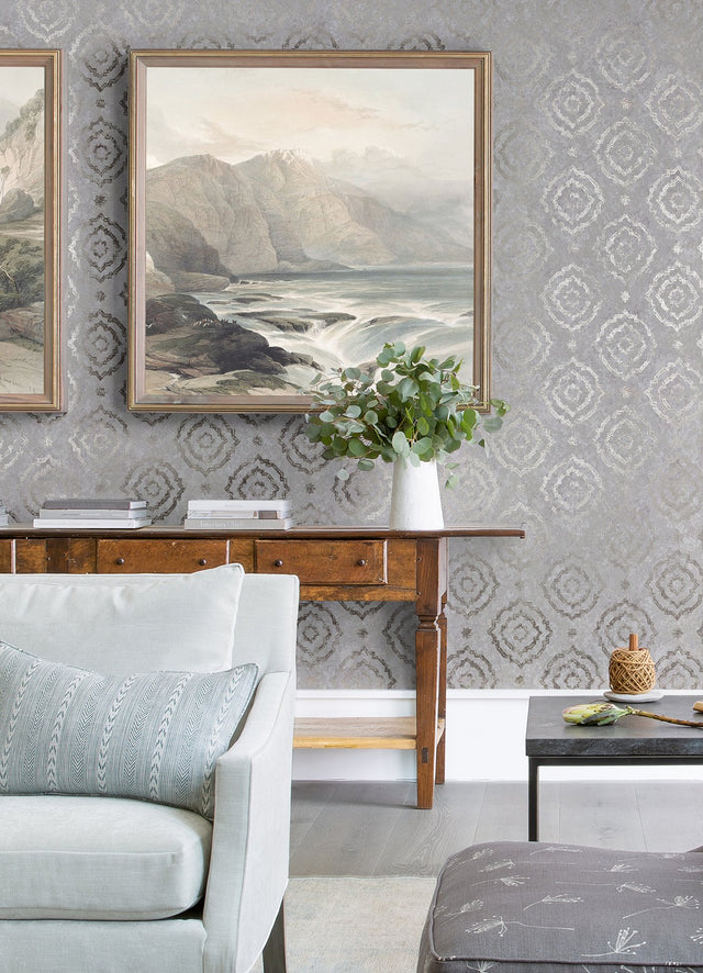 Uma Silver Star Medallion Wallpaper with Metallic Foil Bohemian Medallions - A-Street Prints 4019-86425